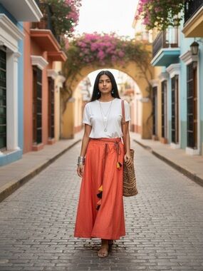 Coral Maxi Skirt with Tassel Drawstring and Gold Accents